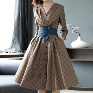 Autumn And Winter Fashion Polka Dot Print Long-Sleeved Dress Sz. M Fit and Flare